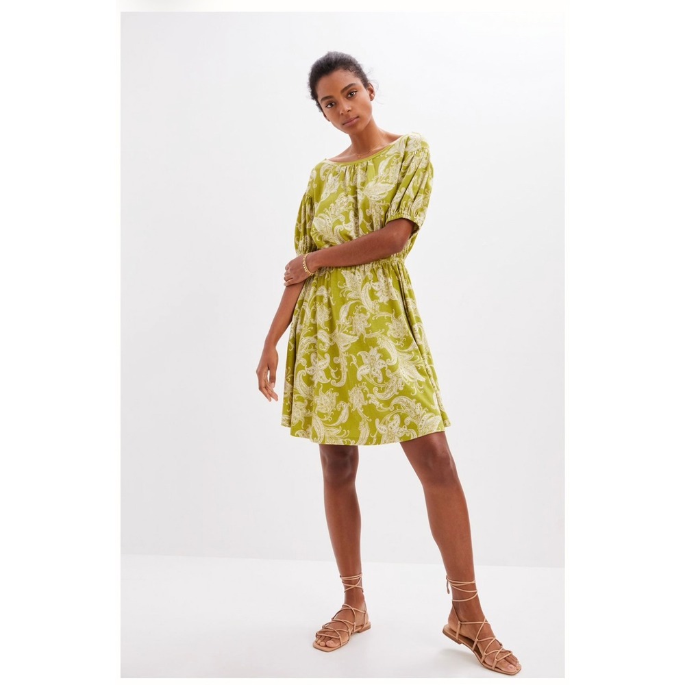 Daily Practice Anthropologie Mini Dress Women Small Green‎ Paisley Puffed Sleeve